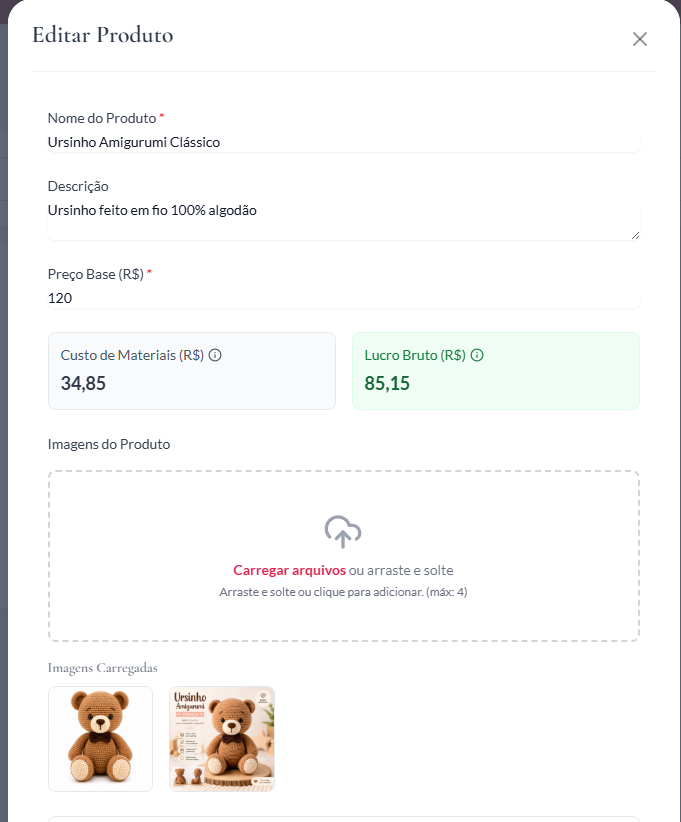 Print de cadastro de produto do Ateliê Fácil